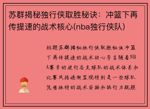 苏群揭秘独行侠取胜秘诀：冲篮下再传提速的战术核心(nba独行侠队)