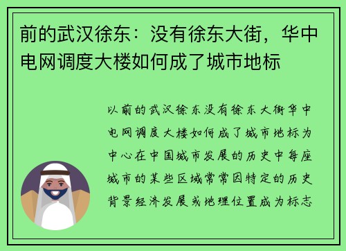 前的武汉徐东：没有徐东大街，华中电网调度大楼如何成了城市地标