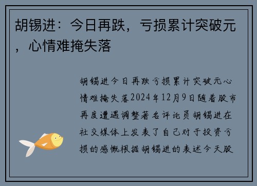 胡锡进：今日再跌，亏损累计突破元，心情难掩失落