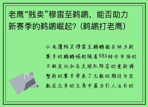 老鹰“贱卖”穆雷至鹈鹕，能否助力新赛季的鹈鹕崛起？(鹈鹕打老鹰)