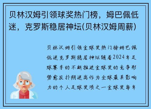 贝林汉姆引领球奖热门榜，姆巴佩低迷，克罗斯稳居神坛(贝林汉姆周薪)